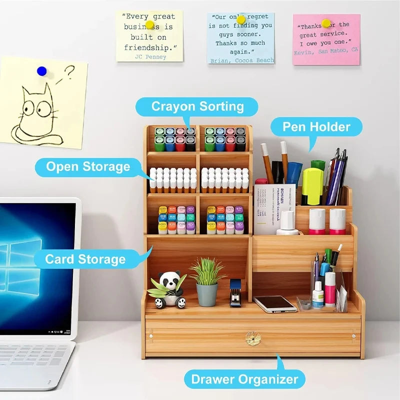 Wooden Desktop Organiser with Drawer – Home & Office Storage