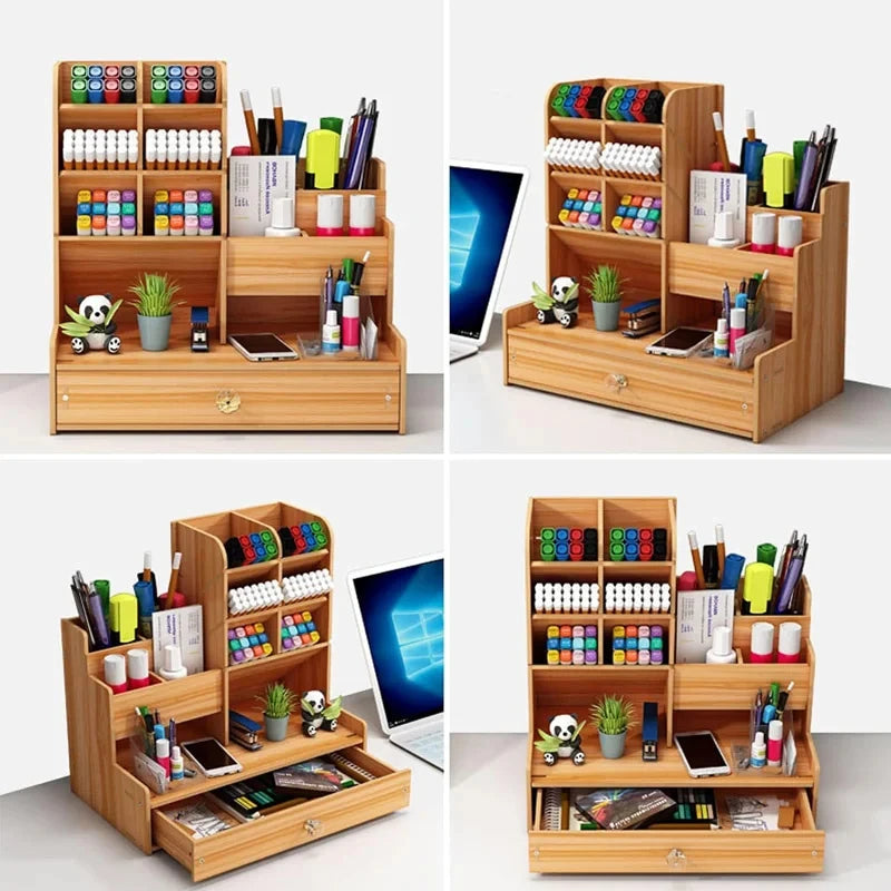 Wooden Desktop Organiser with Drawer – Home & Office Storage